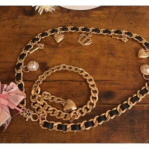 Juicy Couture Gold-Tone & Black Charm Link Dangle Belt M/L Heart Crown Key